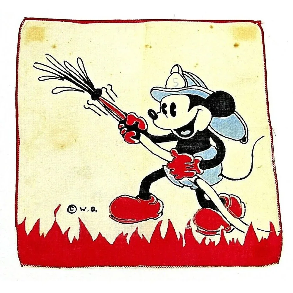 Vintage Mickey Mouse Red Firefighter Handkerchief Original Walt Disney 8" X 8" - Picture 1 of 5